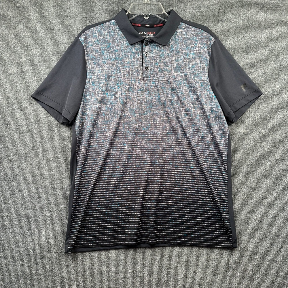 FILA Sport Golf Polo Shirt Mens Large Gray Abstract Stripe Short Sleeve Athletic